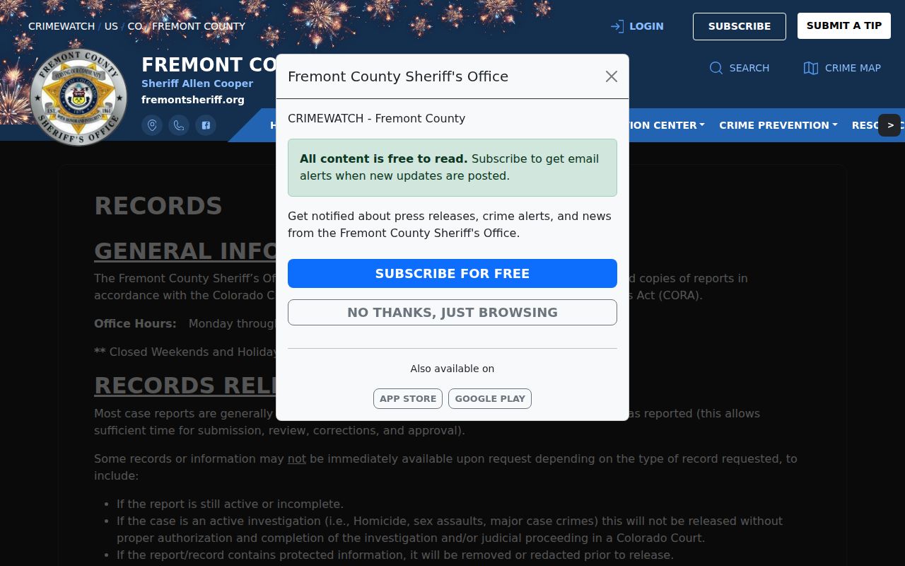 Fremont records page for Custer County released inmate mugshot requests