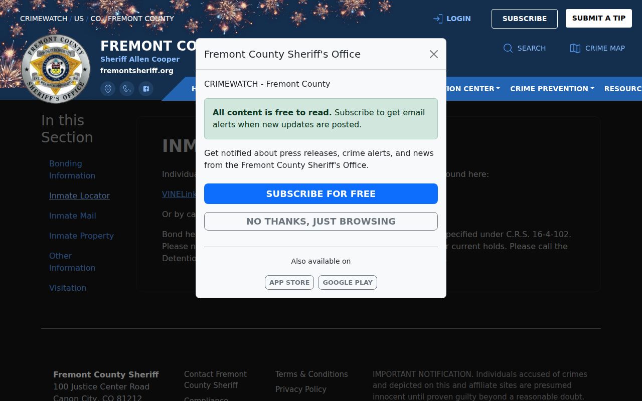 Fremont inmate locator for Custer County 24-hour release checks