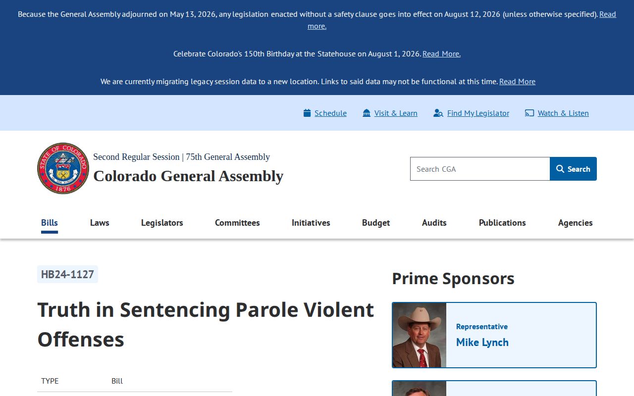 Colorado HB24-1127 truth-in-sentencing page for Custer County release date lookup